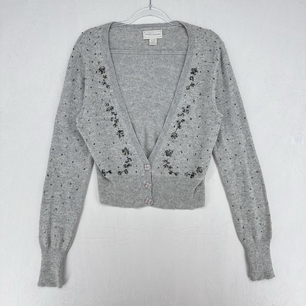 Vintage American Eagle Cardigan‎ Sweater Angora Beaded Floral Cropped Womens XL